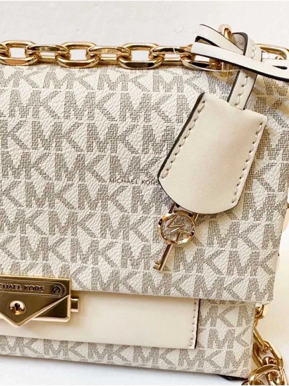 NWT Michael Kors Cream MK Logo Chain Medium Crossbody Bag - Picture 12 of 17